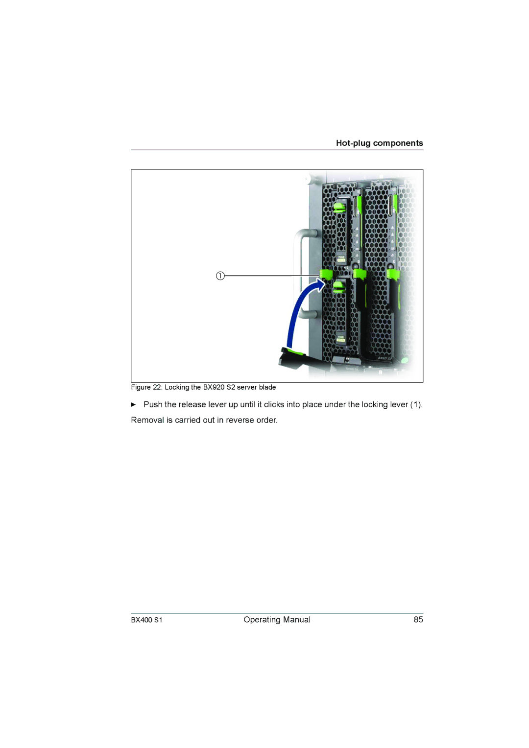 Fujitsu BX400 S1 manual Locking the BX920 S2 server blade 