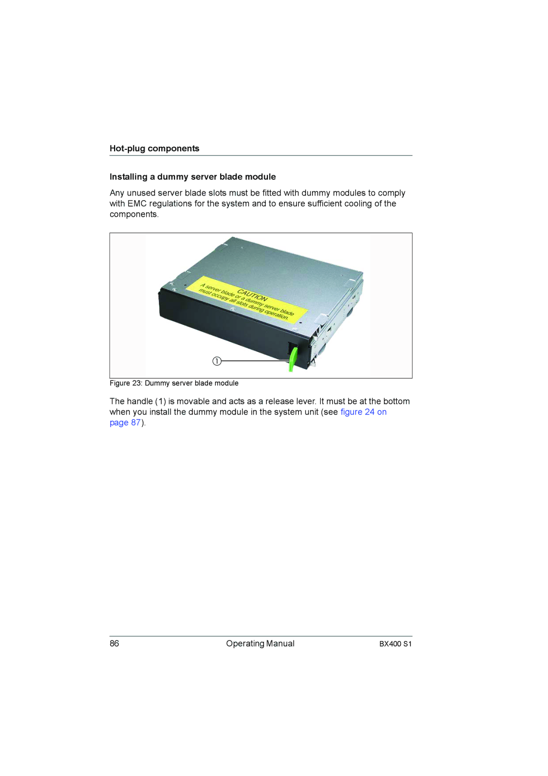 Fujitsu BX400 S1 manual Hot-plug components Installing a dummy server blade module, Dummy server blade module 