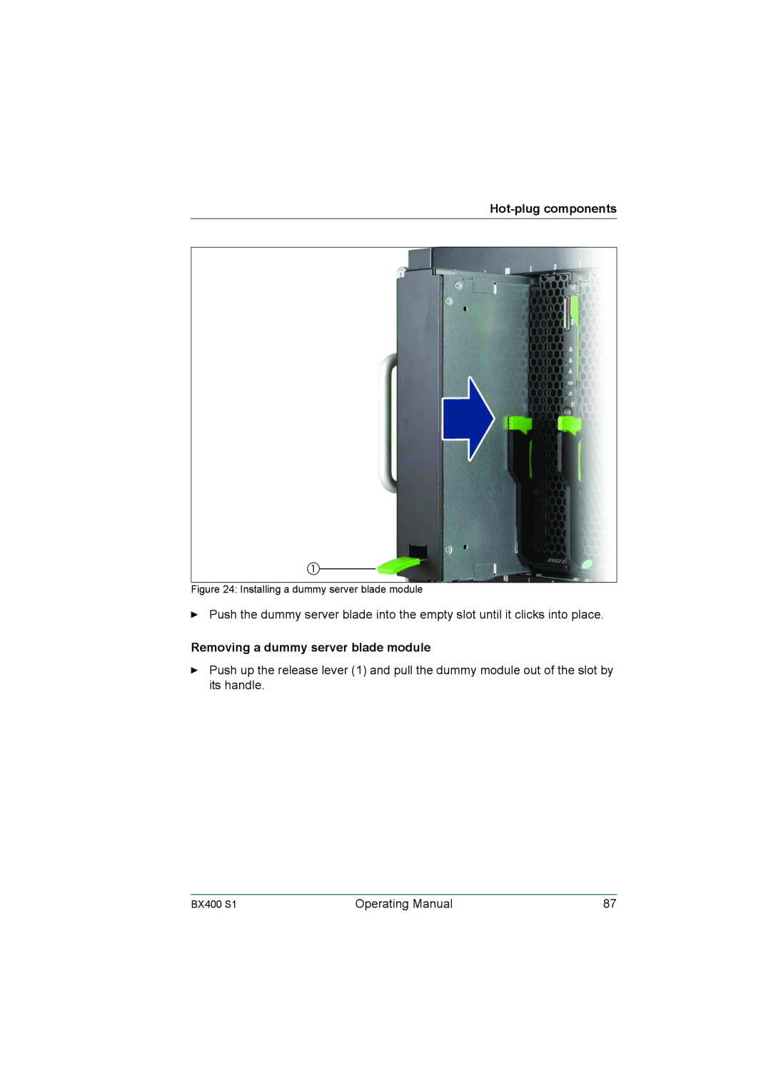 Fujitsu BX400 S1 manual Removing a dummy server blade module, Installing a dummy server blade module 