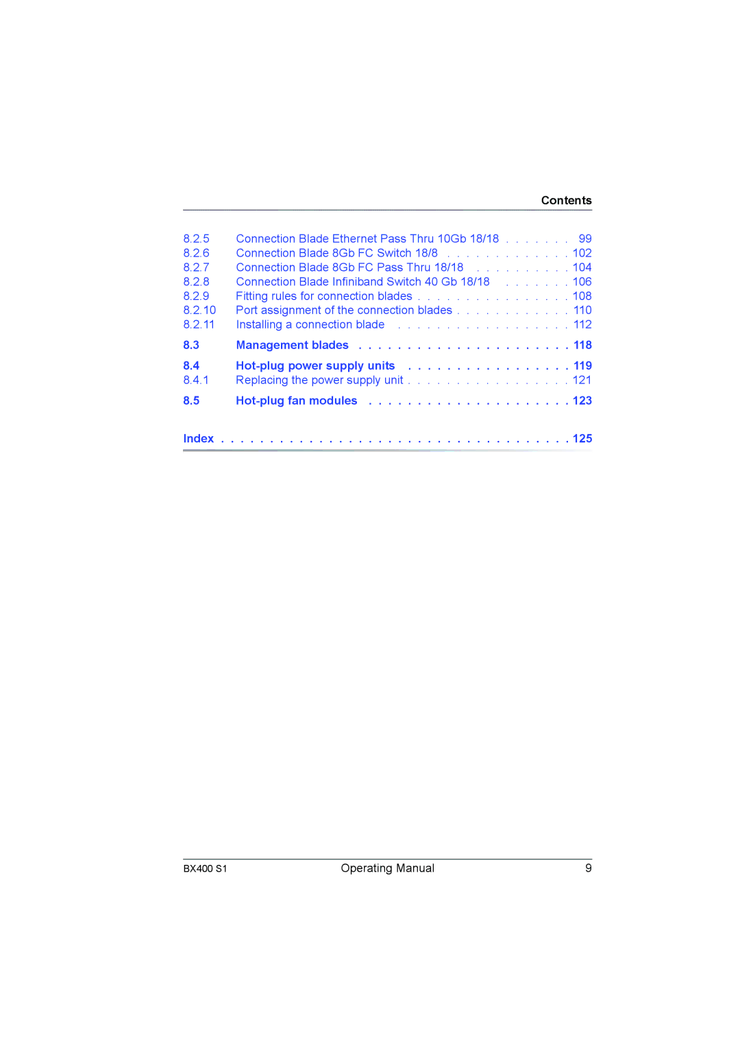 Fujitsu BX400 S1 manual Installing a connection blade 112 Management blades 118 