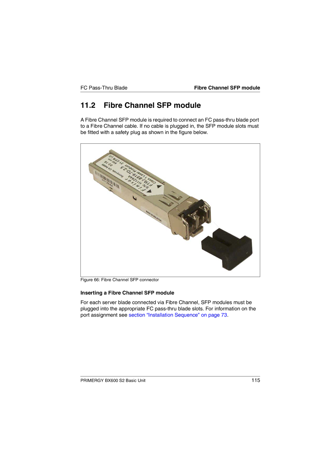 Fujitsu BX600 S2 manual Inserting a Fibre Channel SFP module 