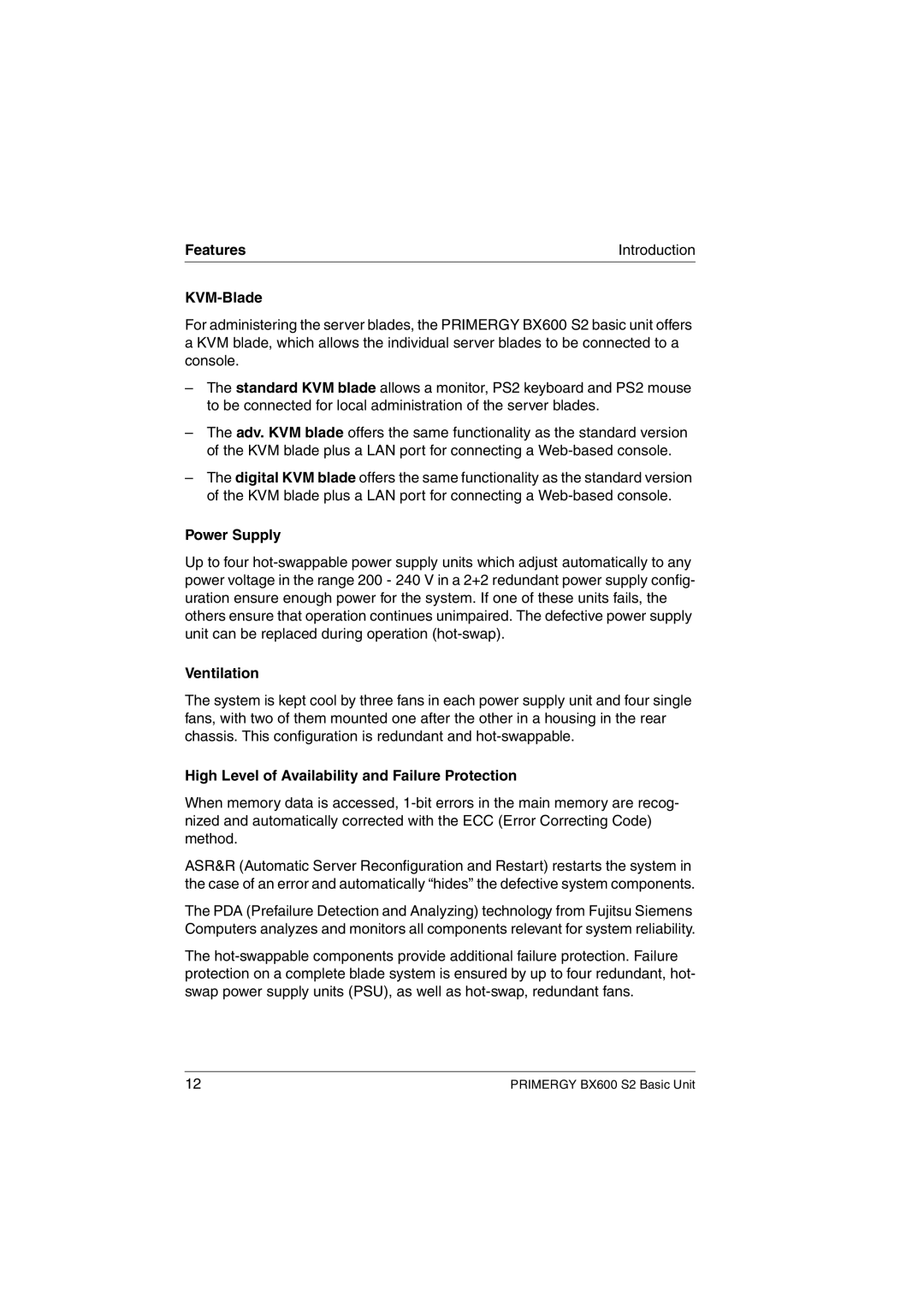 Fujitsu BX600 S2 manual KVM-Blade, Power Supply, Ventilation, High Level of Availability and Failure Protection 