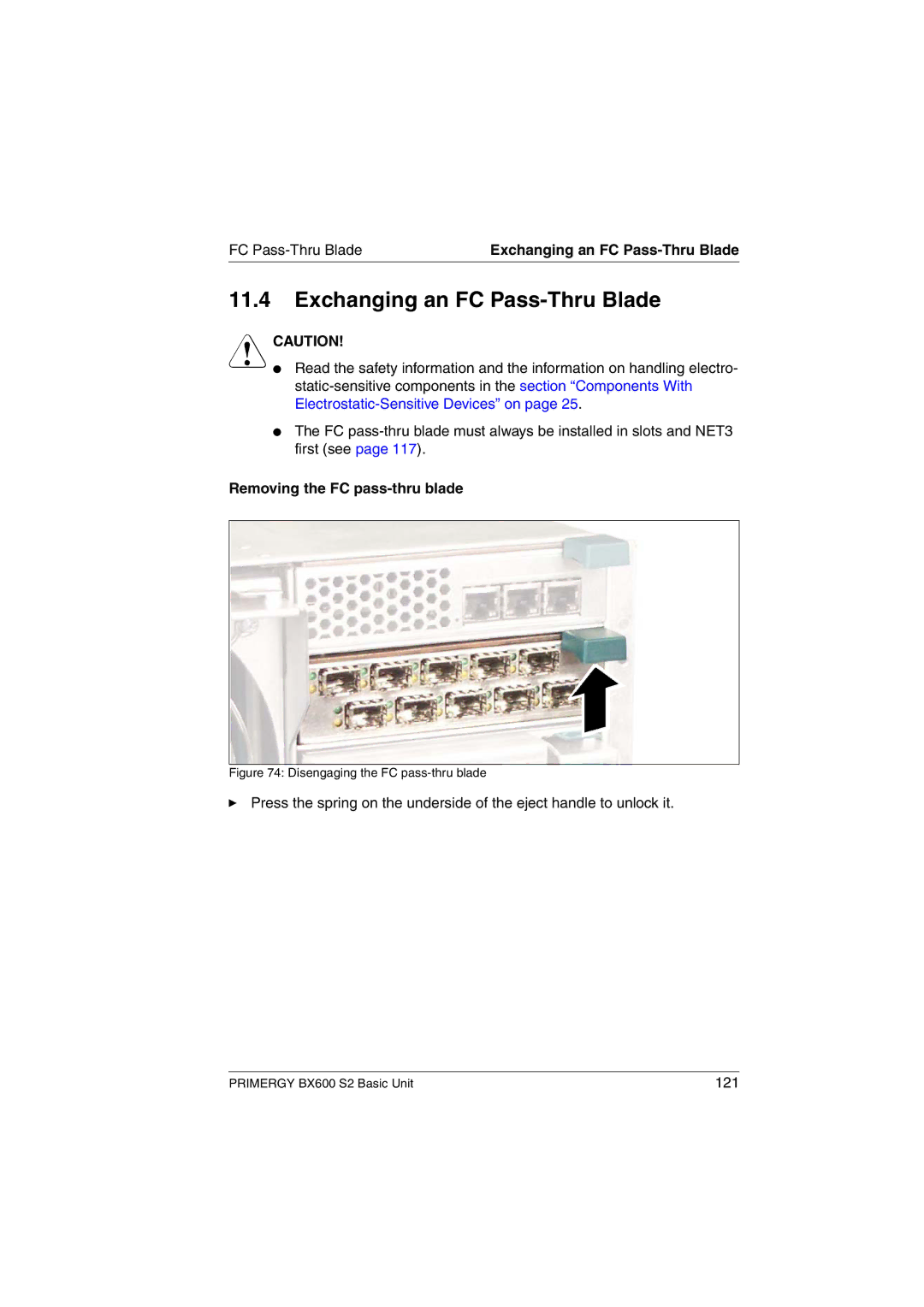 Fujitsu BX600 S2 manual Exchanging an FC Pass-Thru Blade, Removing the FC pass-thru blade 