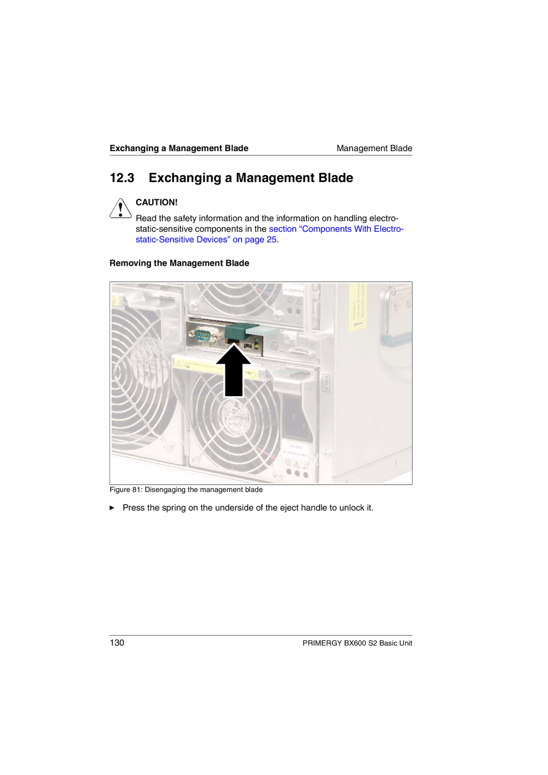 Fujitsu BX600 S2 manual Exchanging a Management Blade, Removing the Management Blade 