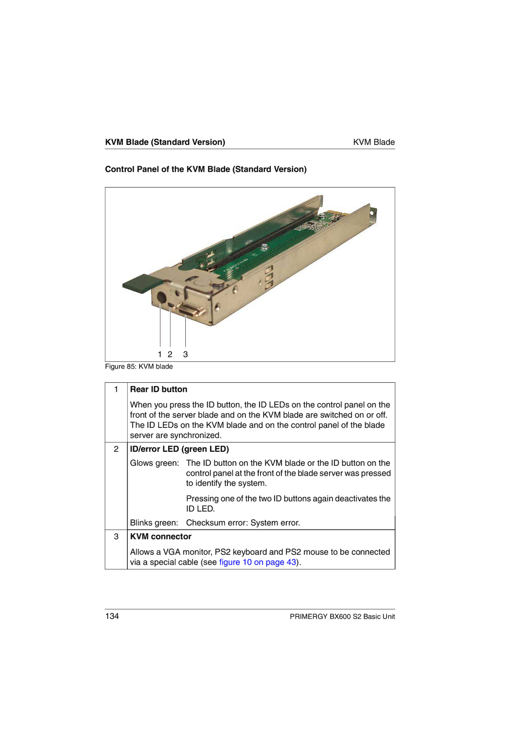 Fujitsu BX600 S2 manual Control Panel of the KVM Blade Standard Version, Rear ID button, ID/error LED green LED 