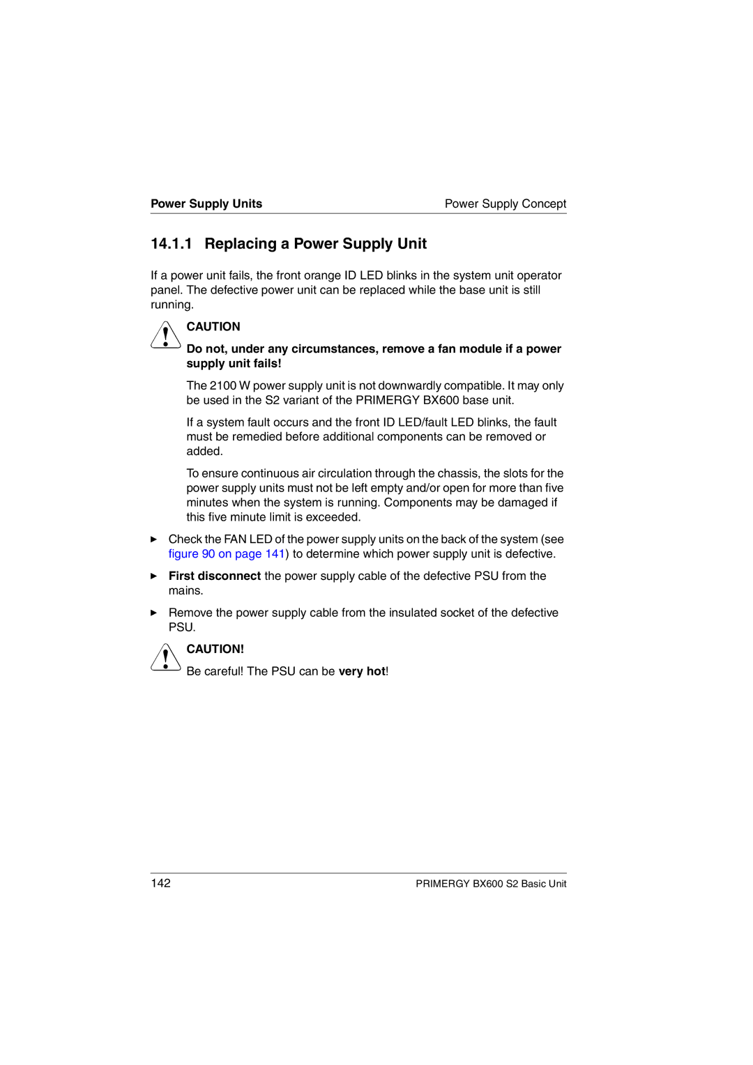 Fujitsu BX600 S2 manual Replacing a Power Supply Unit 