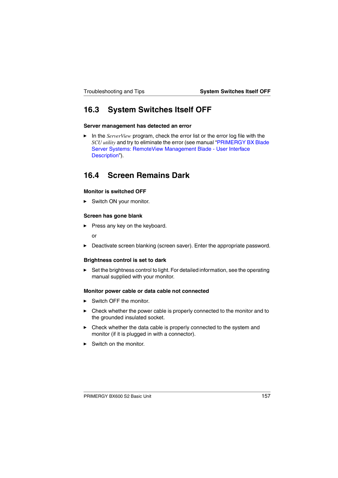 Fujitsu BX600 S2 manual System Switches Itself OFF, Screen Remains Dark 