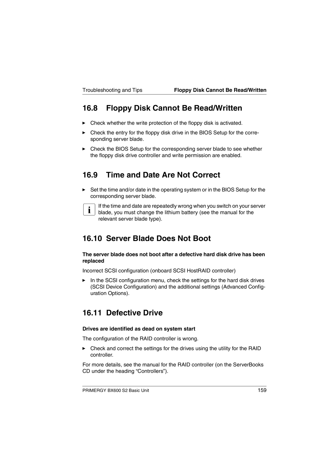 Fujitsu BX600 S2 manual Floppy Disk Cannot Be Read/Written, Time and Date Are Not Correct, Server Blade Does Not Boot 