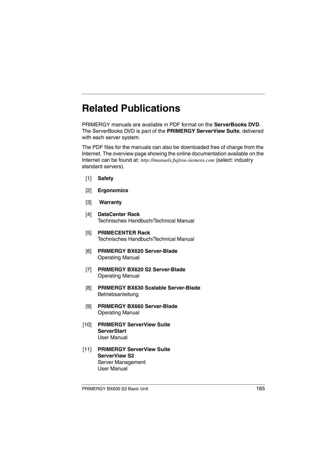 Fujitsu BX600 S2 manual Related Publications, Safety Ergonomics Warranty DataCenter Rack, Primecenter Rack 