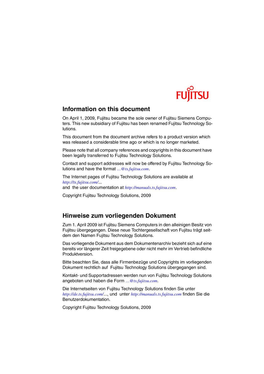 Fujitsu BX600 S2 manual Information on this document, Hinweise zum vorliegenden Dokument 