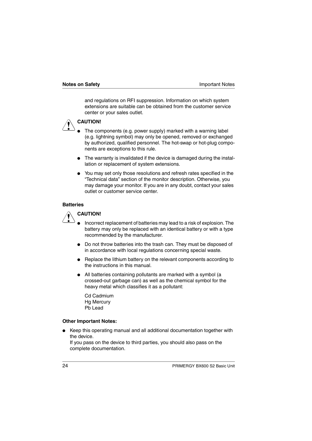 Fujitsu BX600 S2 manual Batteries, Other Important Notes 