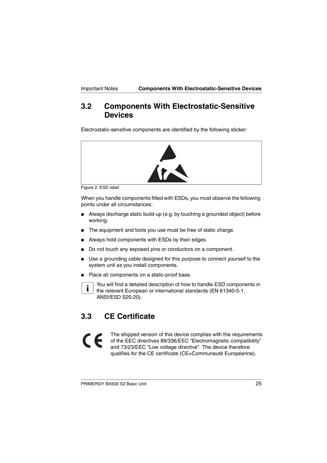 Fujitsu BX600 S2 manual Components With Electrostatic-Sensitive Devices, CE Certificate 