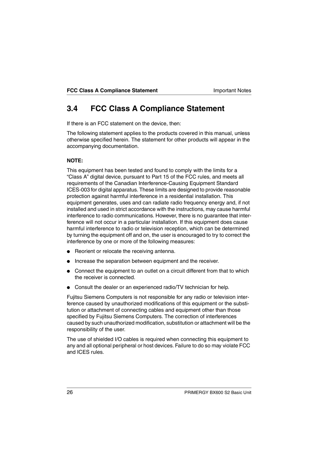 Fujitsu BX600 S2 manual FCC Class a Compliance Statement 