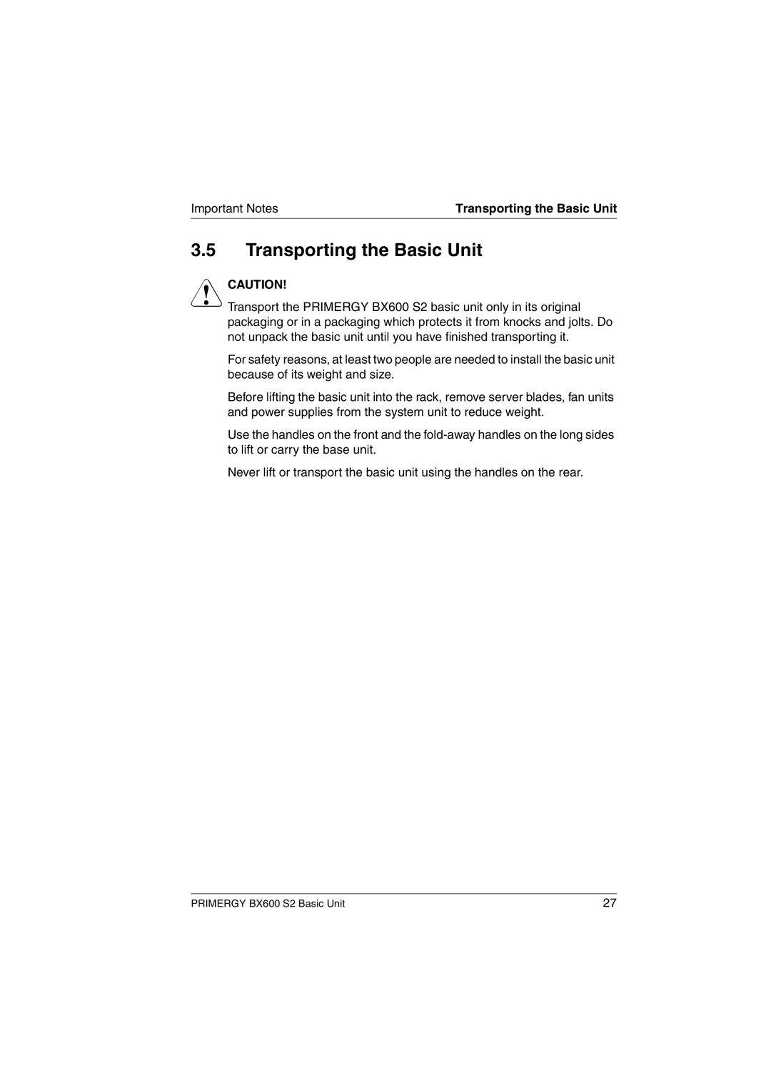 Fujitsu BX600 S2 manual Transporting the Basic Unit 