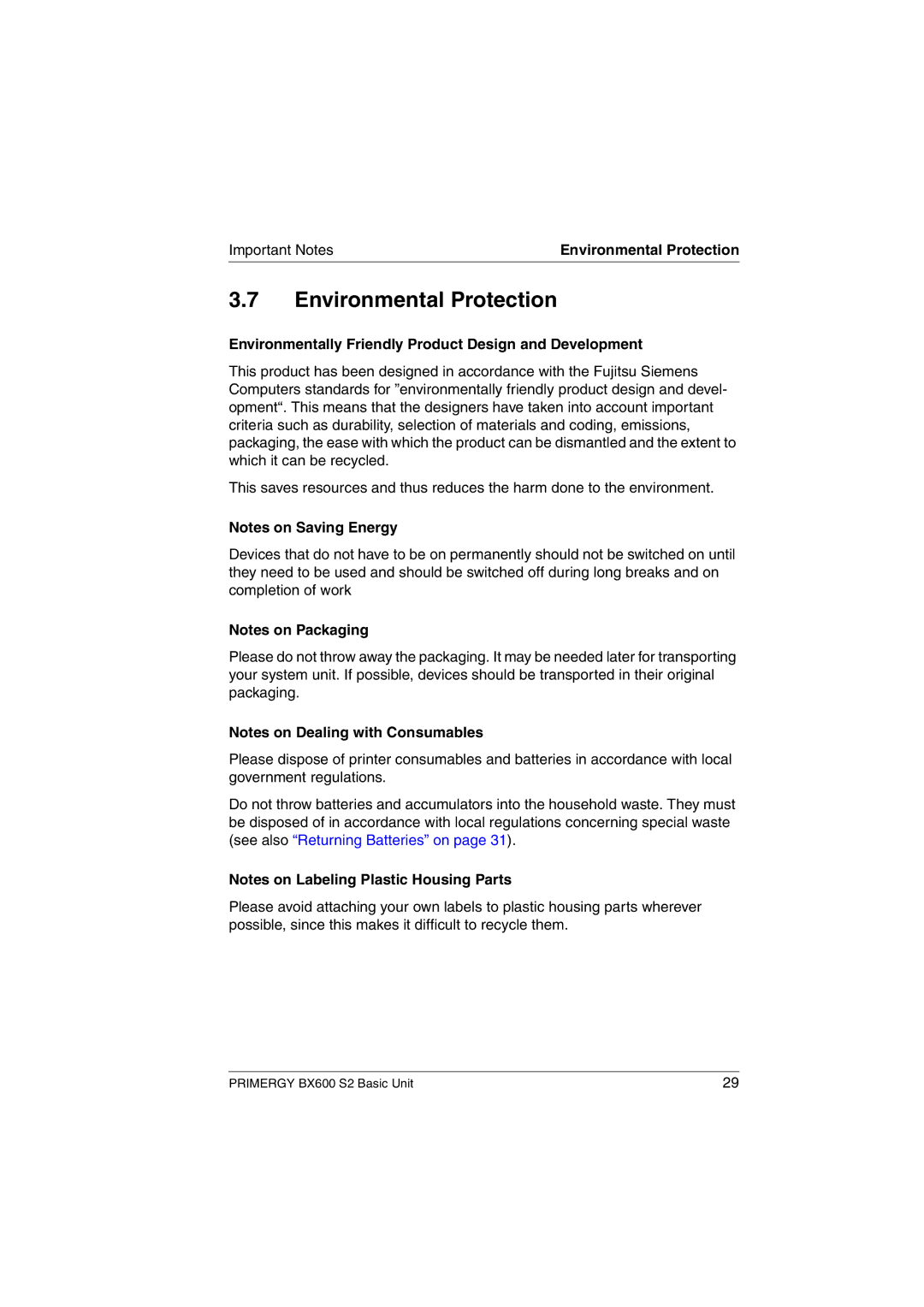 Fujitsu BX600 S2 manual Environmental Protection, Environmentally Friendly Product Design and Development 