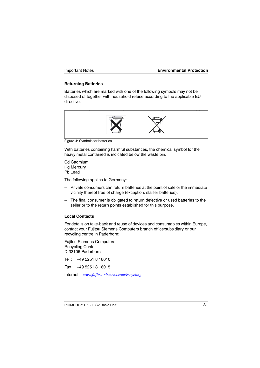 Fujitsu BX600 S2 manual Returning Batteries, Local Contacts 