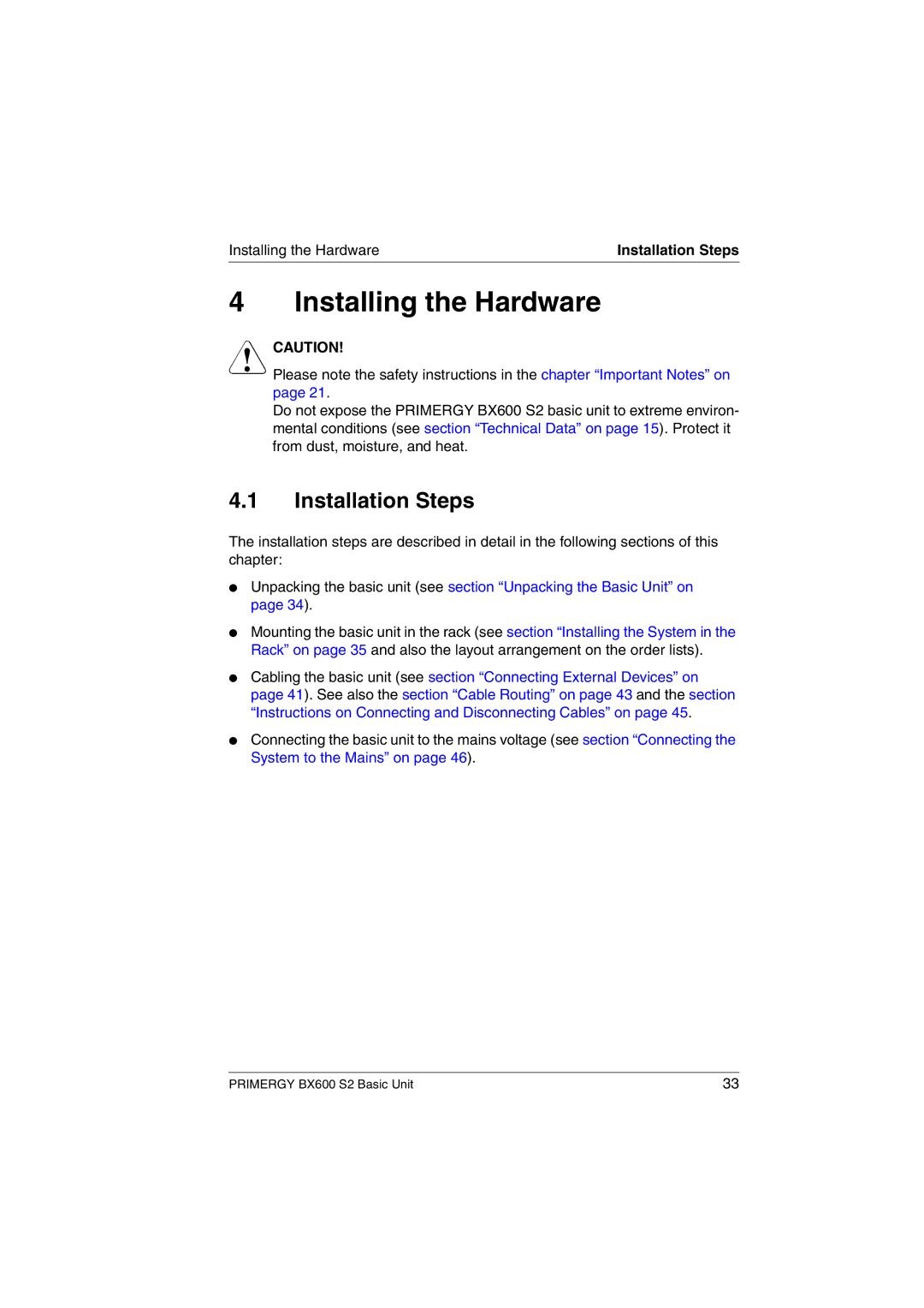 Fujitsu BX600 S2 manual Installing the Hardware, Installation Steps 