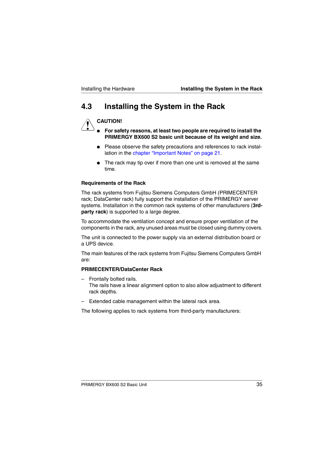 Fujitsu BX600 S2 manual Installing the System in the Rack, Requirements of the Rack, PRIMECENTER/DataCenter Rack 