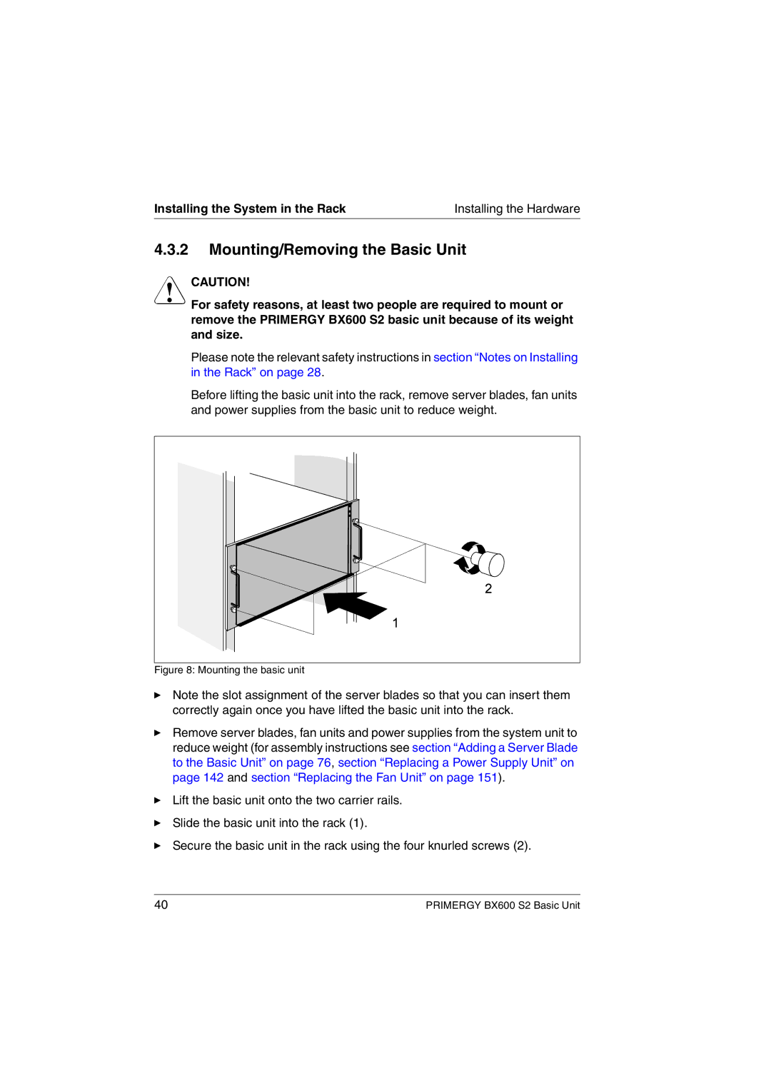 Fujitsu BX600 S2 manual Mounting/Removing the Basic Unit, Mounting the basic unit 