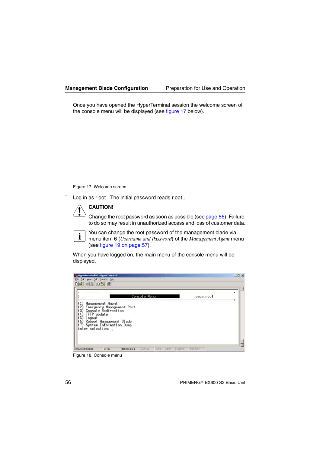 Fujitsu BX600 S2 manual Management Blade Configuration, Log in as root. The initial password reads root 