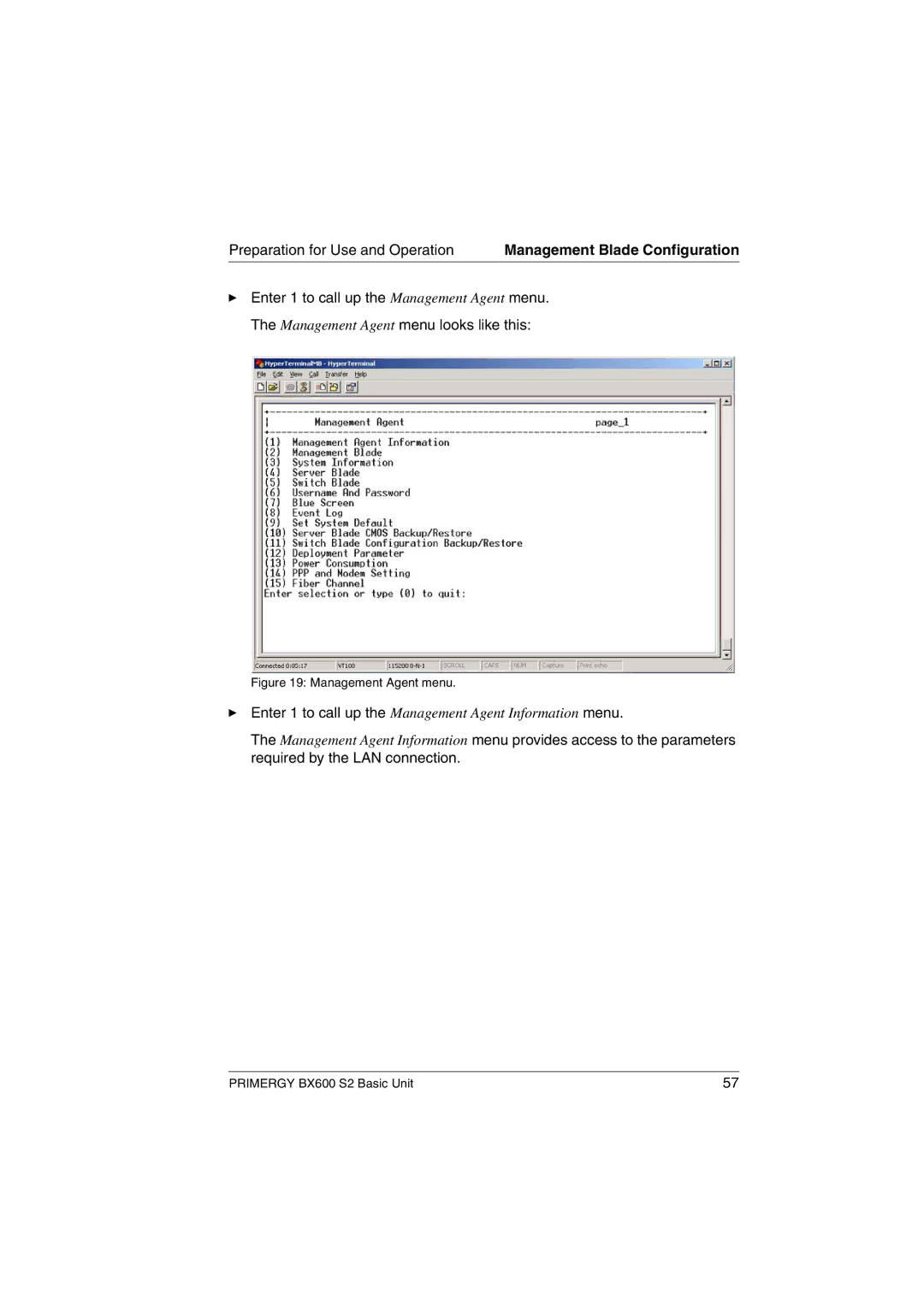 Fujitsu BX600 S2 manual Enter 1 to call up the Management Agent Information menu 