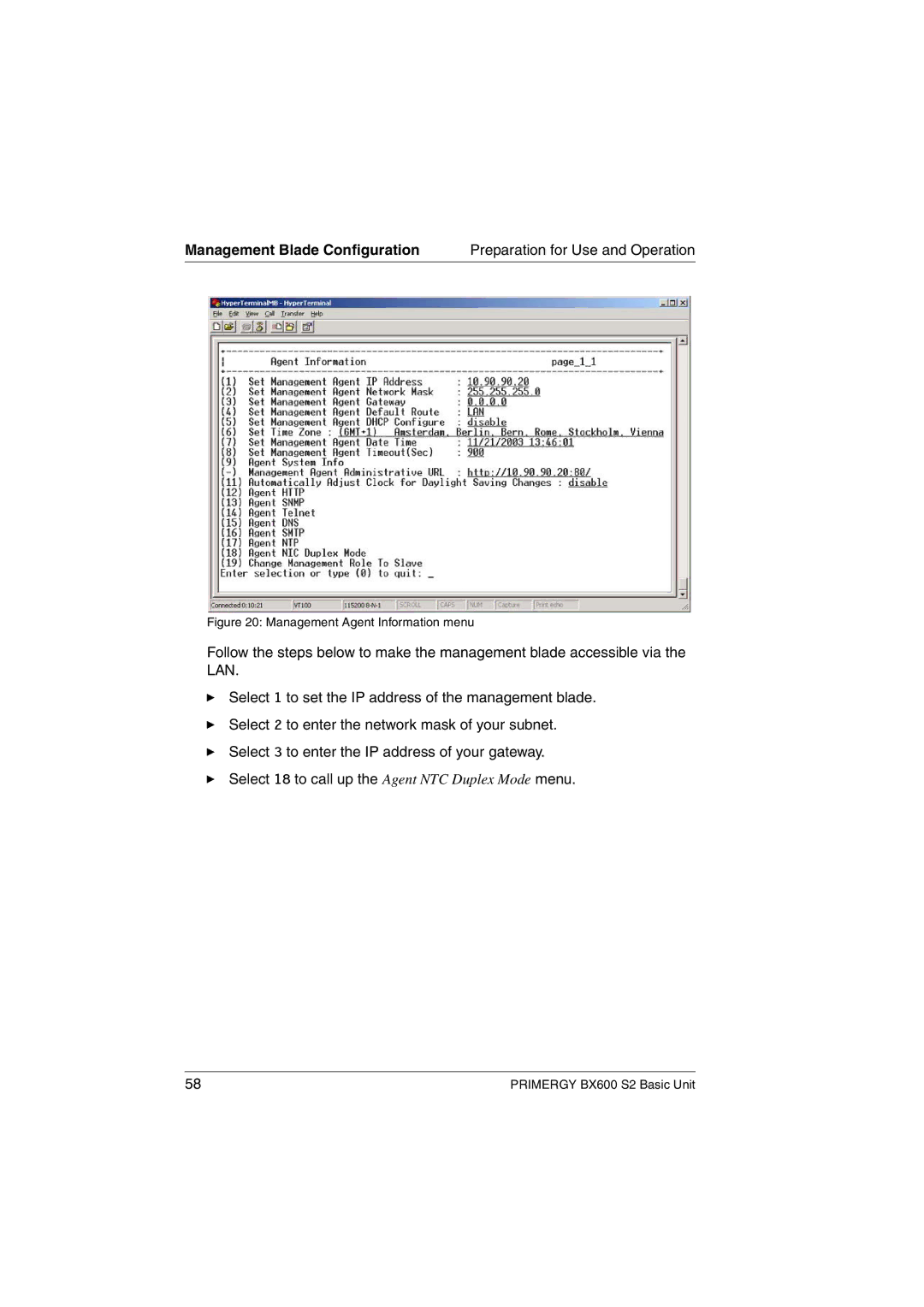 Fujitsu BX600 S2 manual Management Agent Information menu 