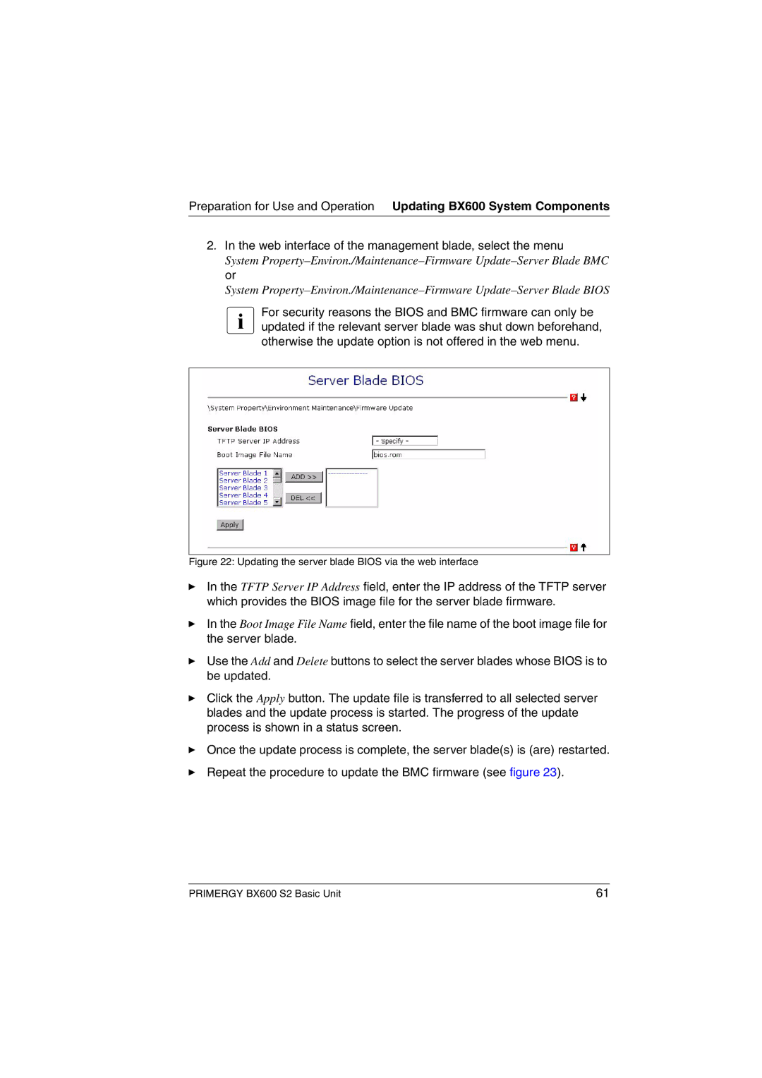 Fujitsu BX600 S2 manual Updating the server blade Bios via the web interface 