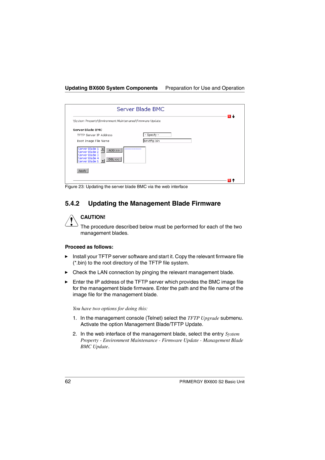 Fujitsu BX600 S2 manual Updating the Management Blade Firmware, Updating the server blade BMC via the web interface 