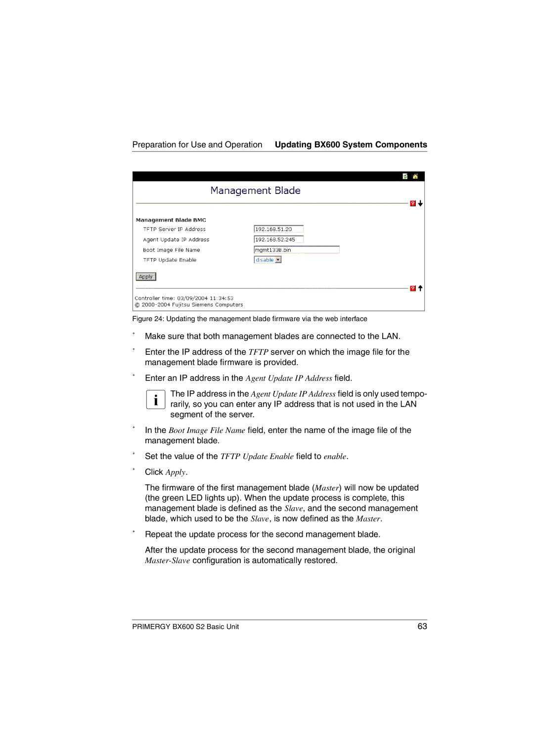 Fujitsu BX600 S2 manual Updating the management blade firmware via the web interface 