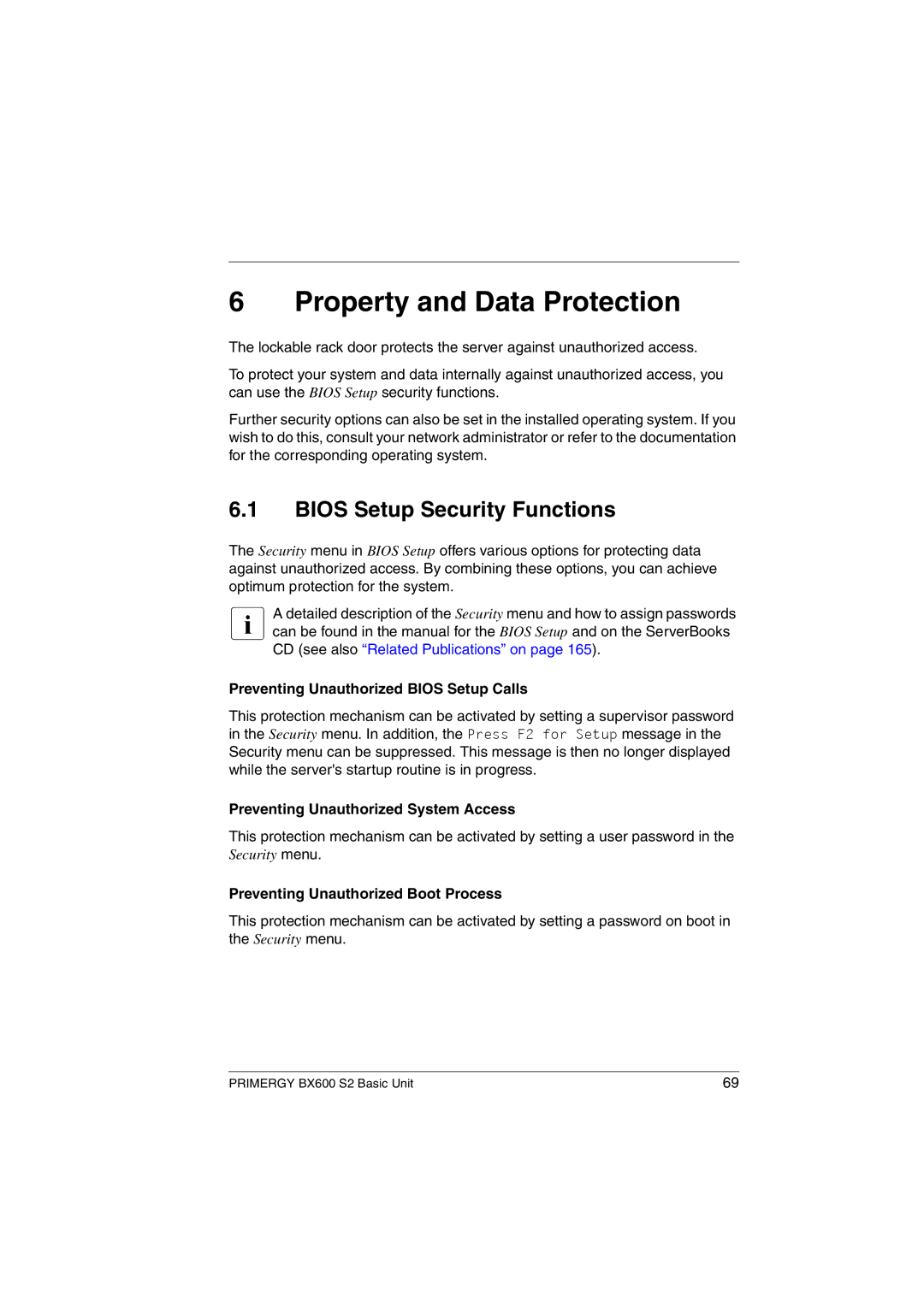 Fujitsu BX600 S2 Property and Data Protection, Bios Setup Security Functions, Preventing Unauthorized Bios Setup Calls 