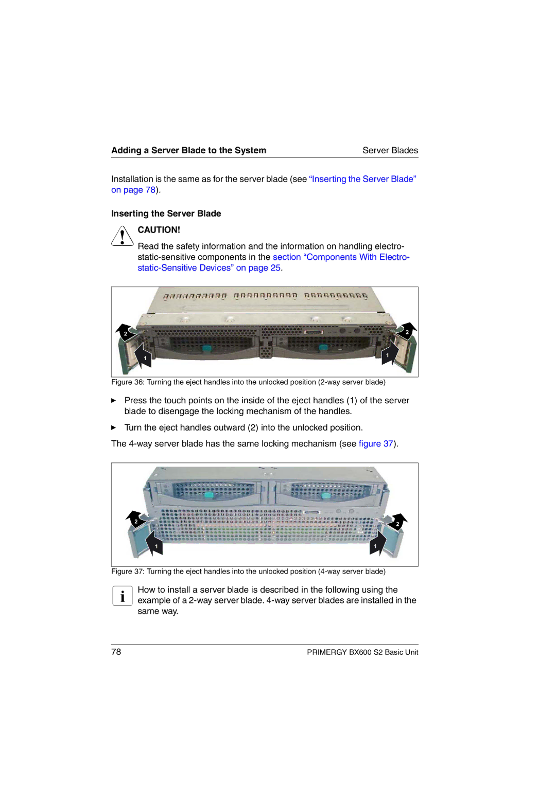 Fujitsu BX600 S2 manual Adding a Server Blade to the System Server Blades, Inserting the Server Blade 