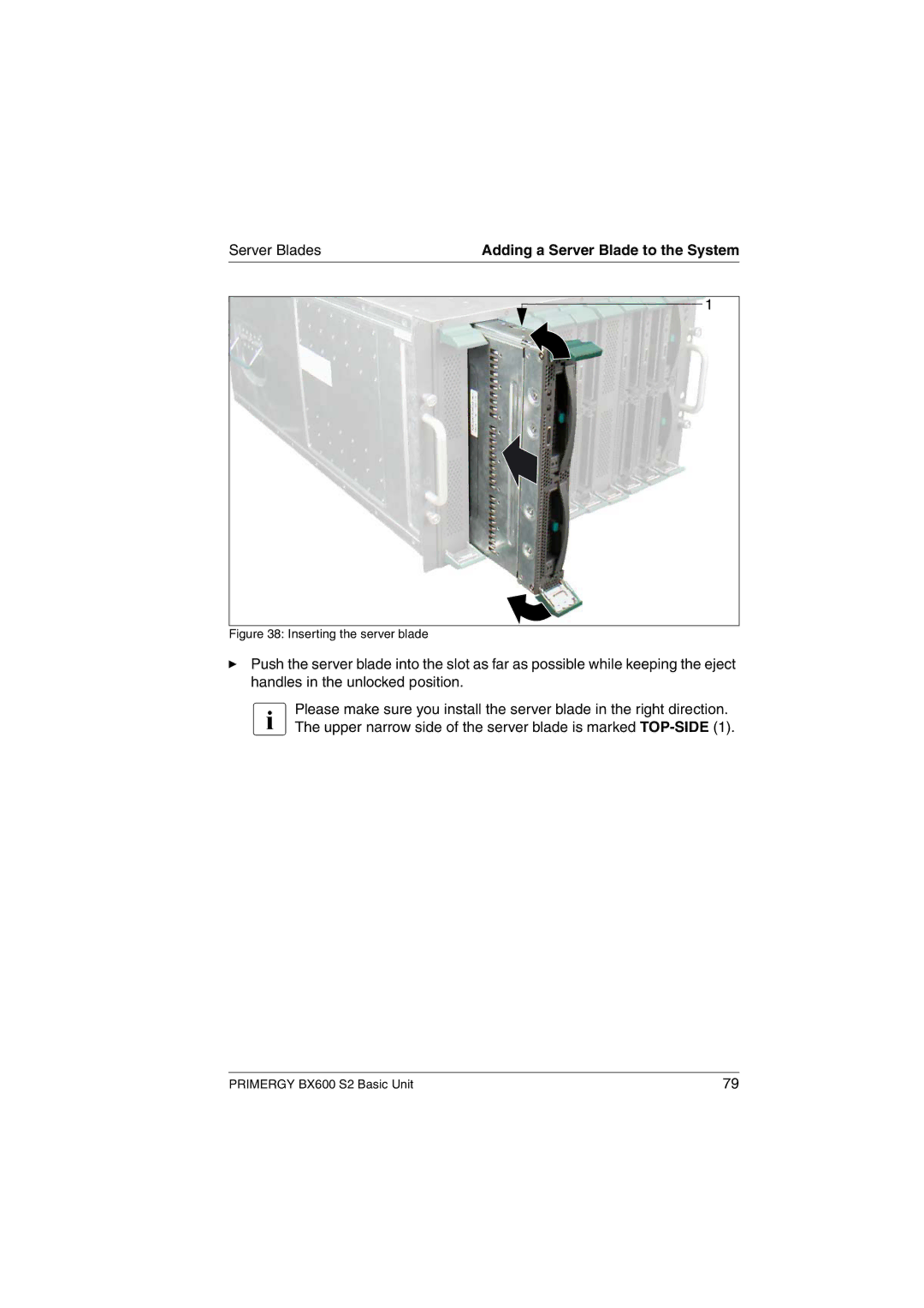 Fujitsu BX600 S2 manual Inserting the server blade 