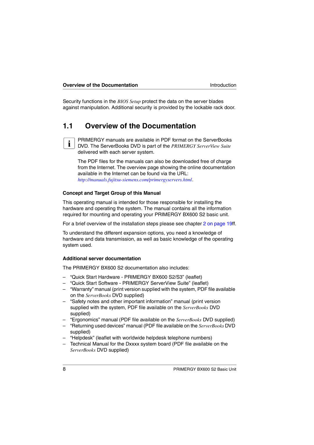 Fujitsu BX600 S2 Overview of the Documentation, Concept and Target Group of this Manual, Additional server documentation 