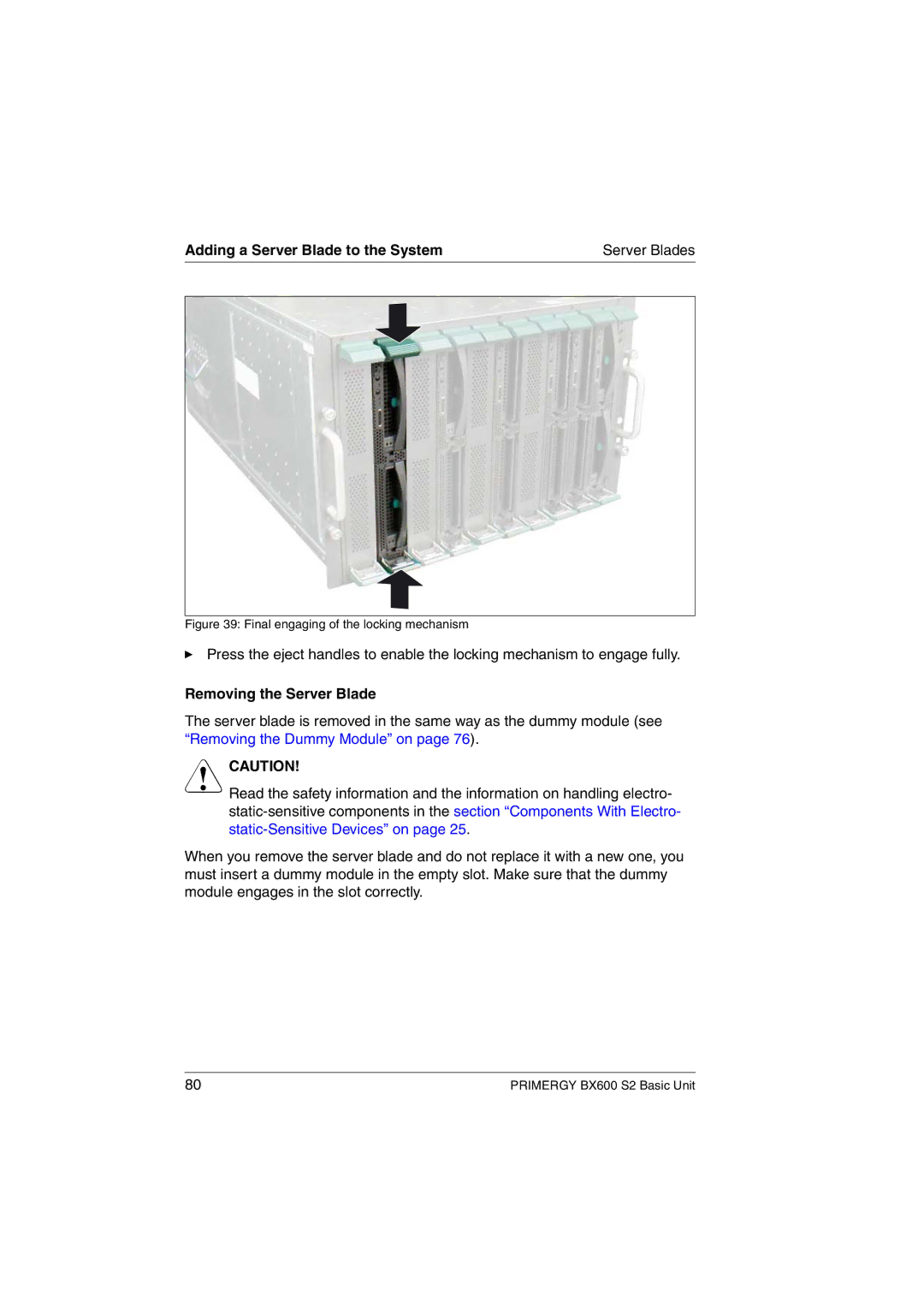 Fujitsu BX600 S2 manual Removing the Server Blade, Final engaging of the locking mechanism 