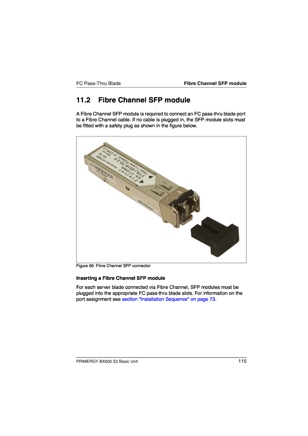 Fujitsu BX600 S2 manual Inserting a Fibre Channel SFP module 