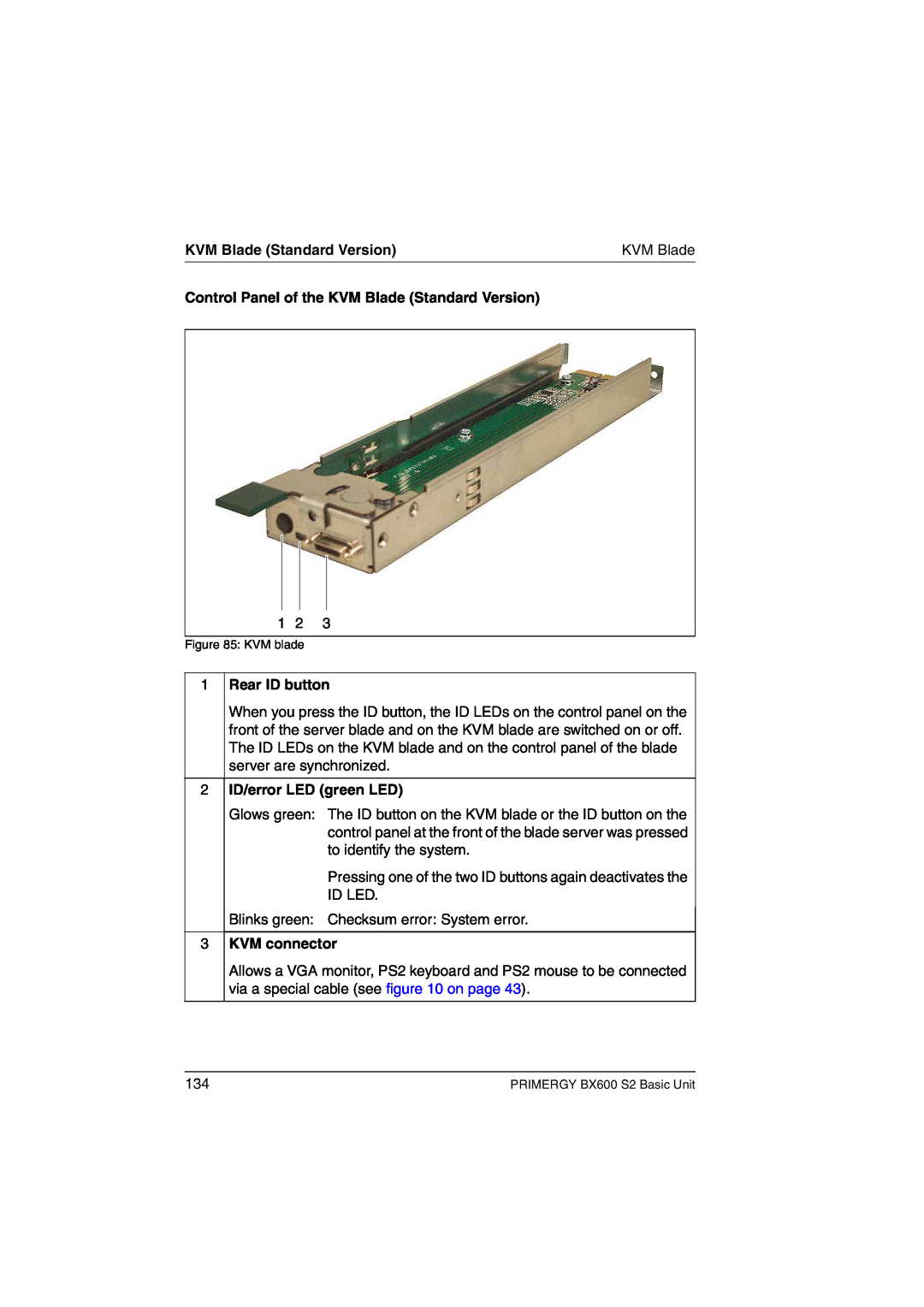 Fujitsu BX600 S2 manual Control Panel of the KVM Blade Standard Version, Rear ID button, ID/error LED green LED 