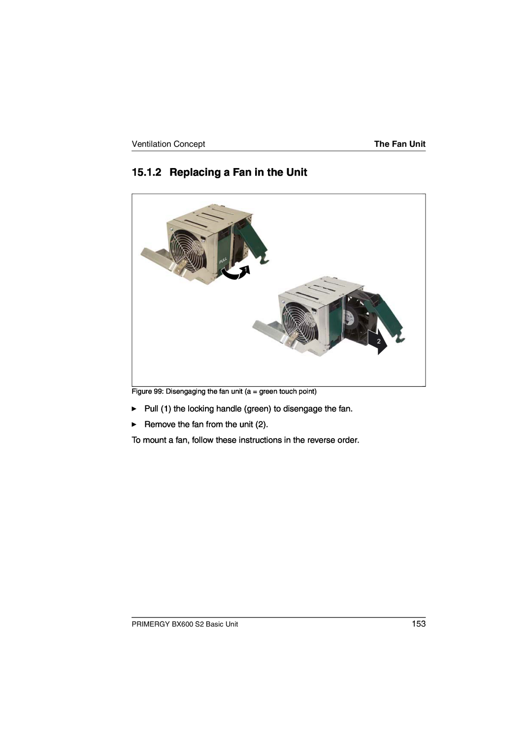 Fujitsu manual Replacing a Fan in the Unit, Ventilation Concept, The Fan Unit, PRIMERGY BX600 S2 Basic Unit 