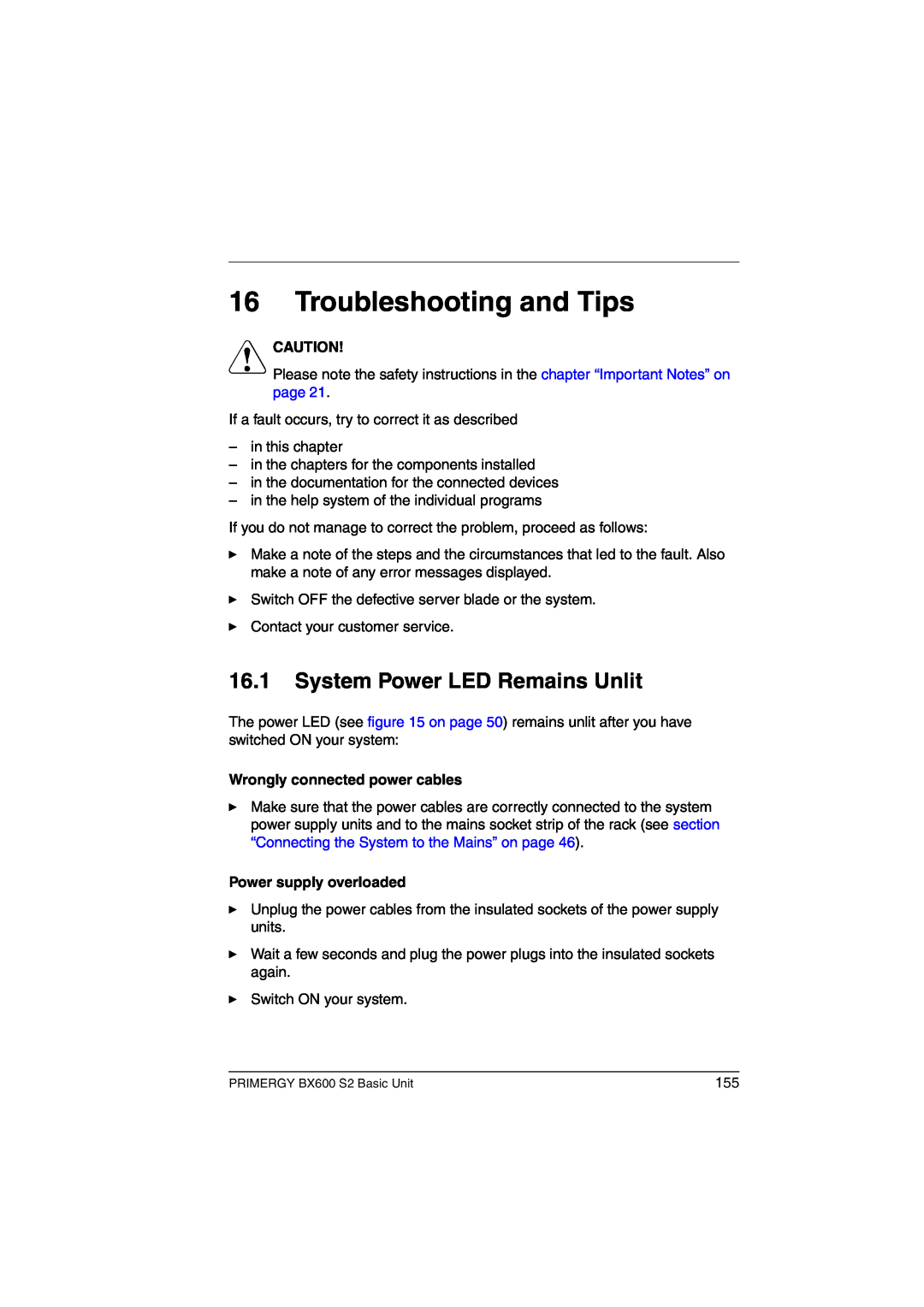 Fujitsu BX600 S2 manual Troubleshooting and Tips, System Power LED Remains Unlit, Wrongly connected power cables, V Caution 