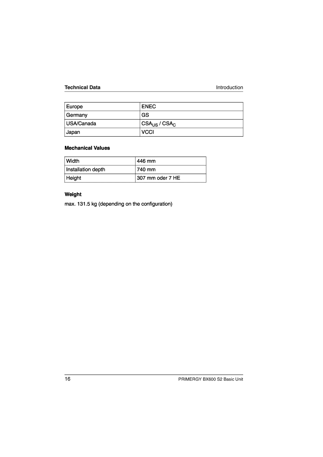 Fujitsu BX600 S2 manual Technical Data, Mechanical Values, Weight 