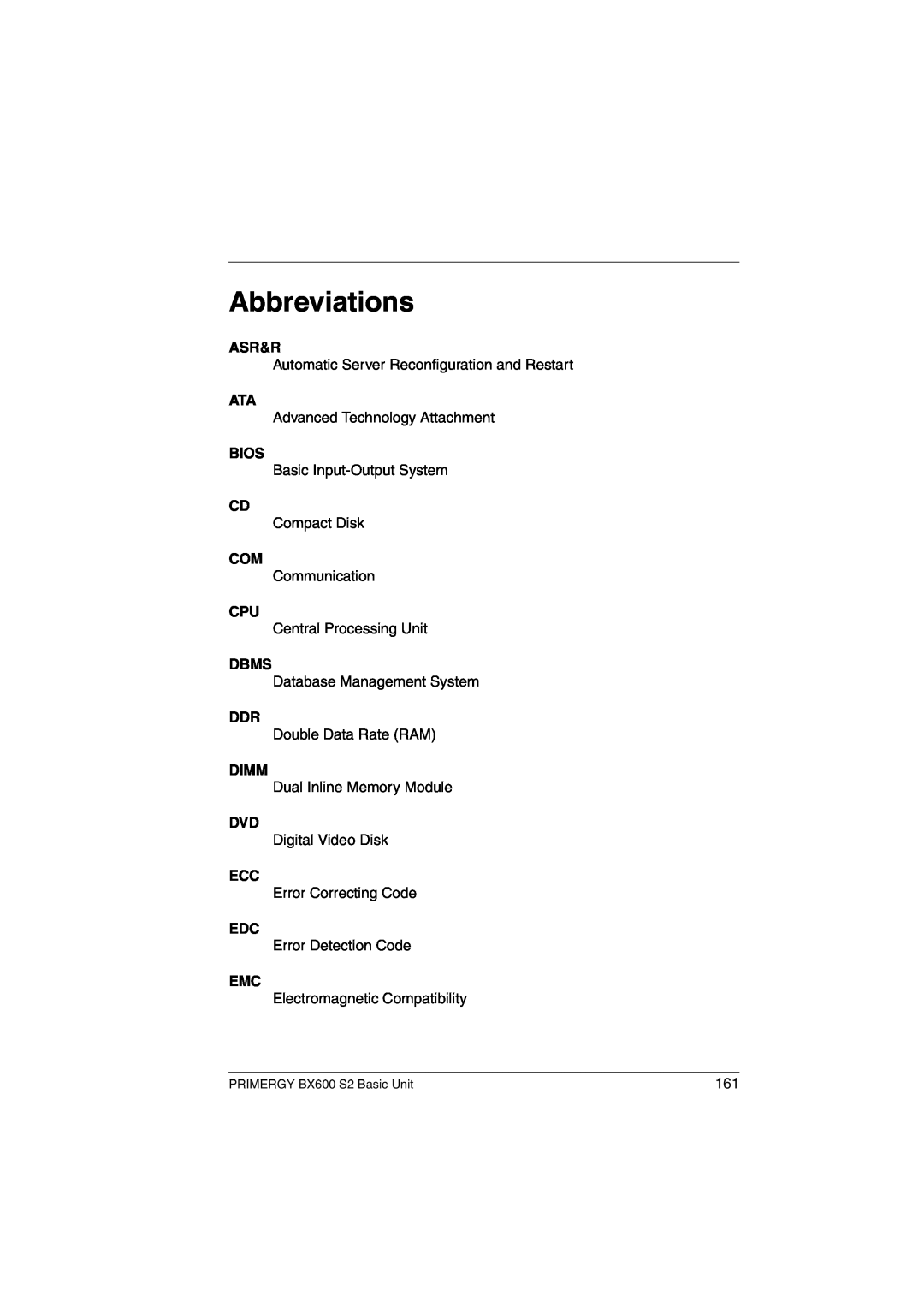 Fujitsu BX600 S2 manual Abbreviations, Asr&R, Bios, Dbms, Dimm 