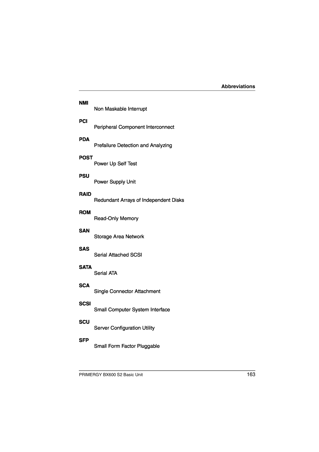 Fujitsu BX600 S2 manual Abbreviations NMI, Post, Raid, Sata, Scsi 
