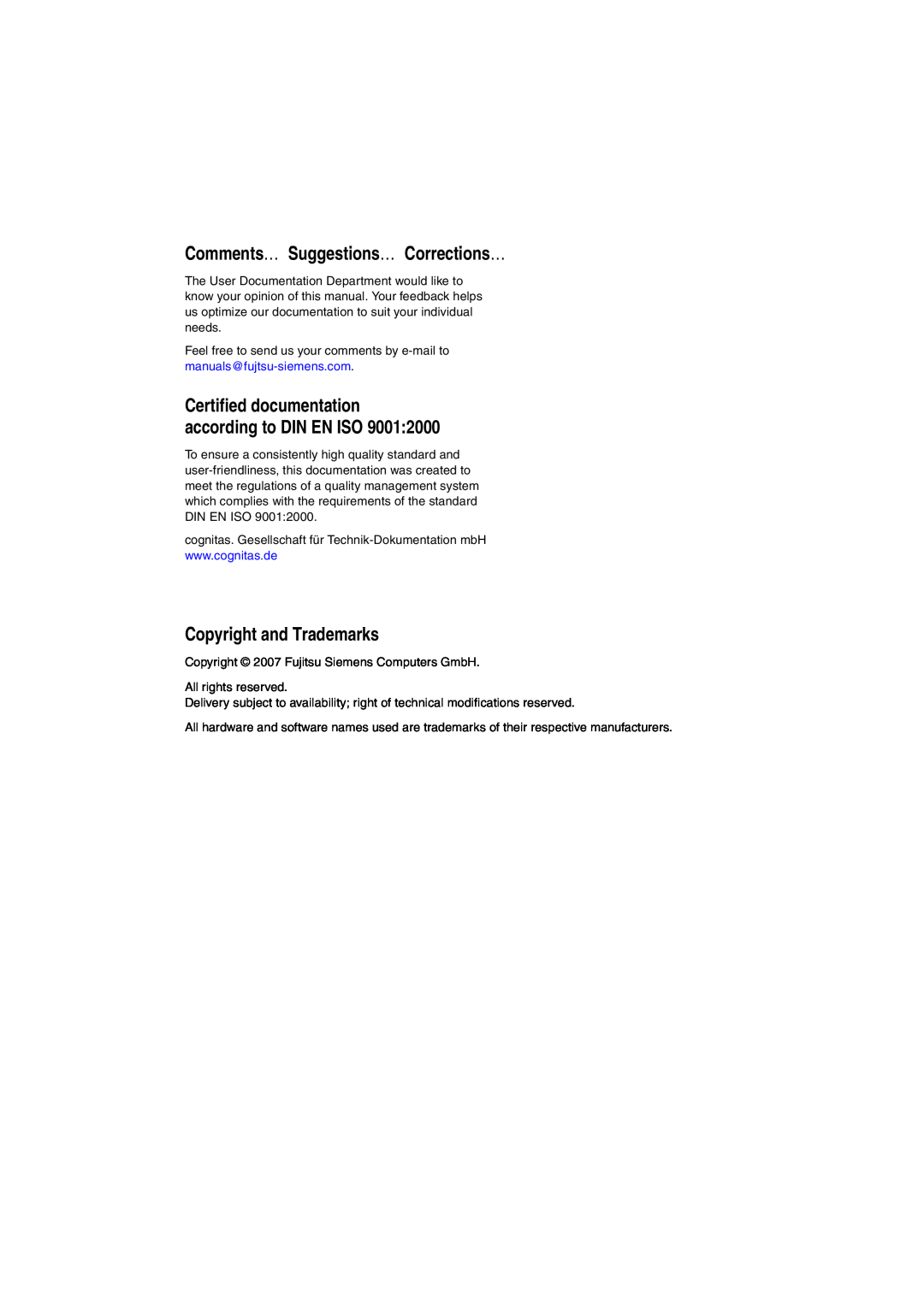 Fujitsu BX600 S2 manual Comments… Suggestions… Corrections…, Copyright and Trademarks 