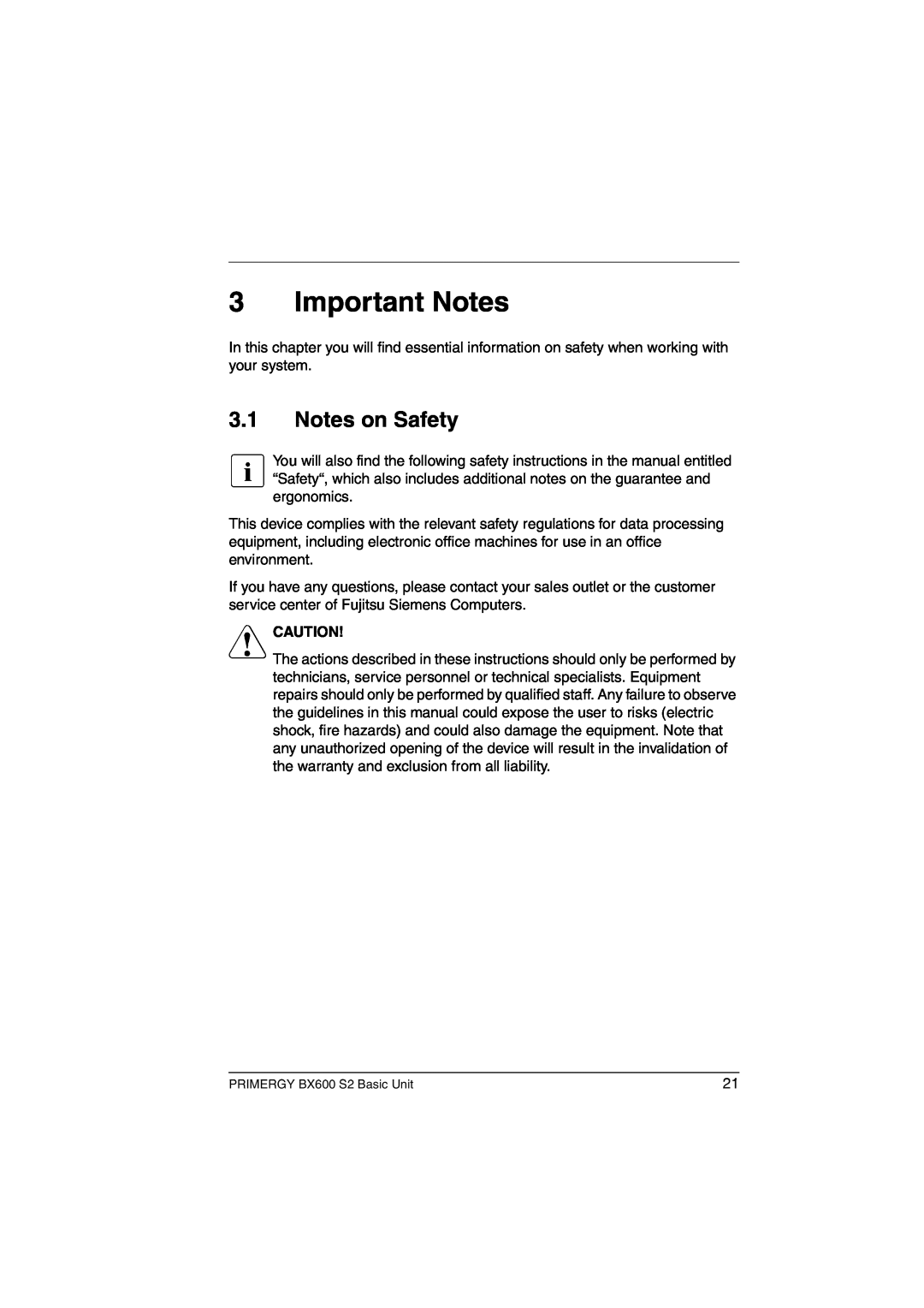 Fujitsu BX600 S2 manual Important Notes, Notes on Safety, V Caution 