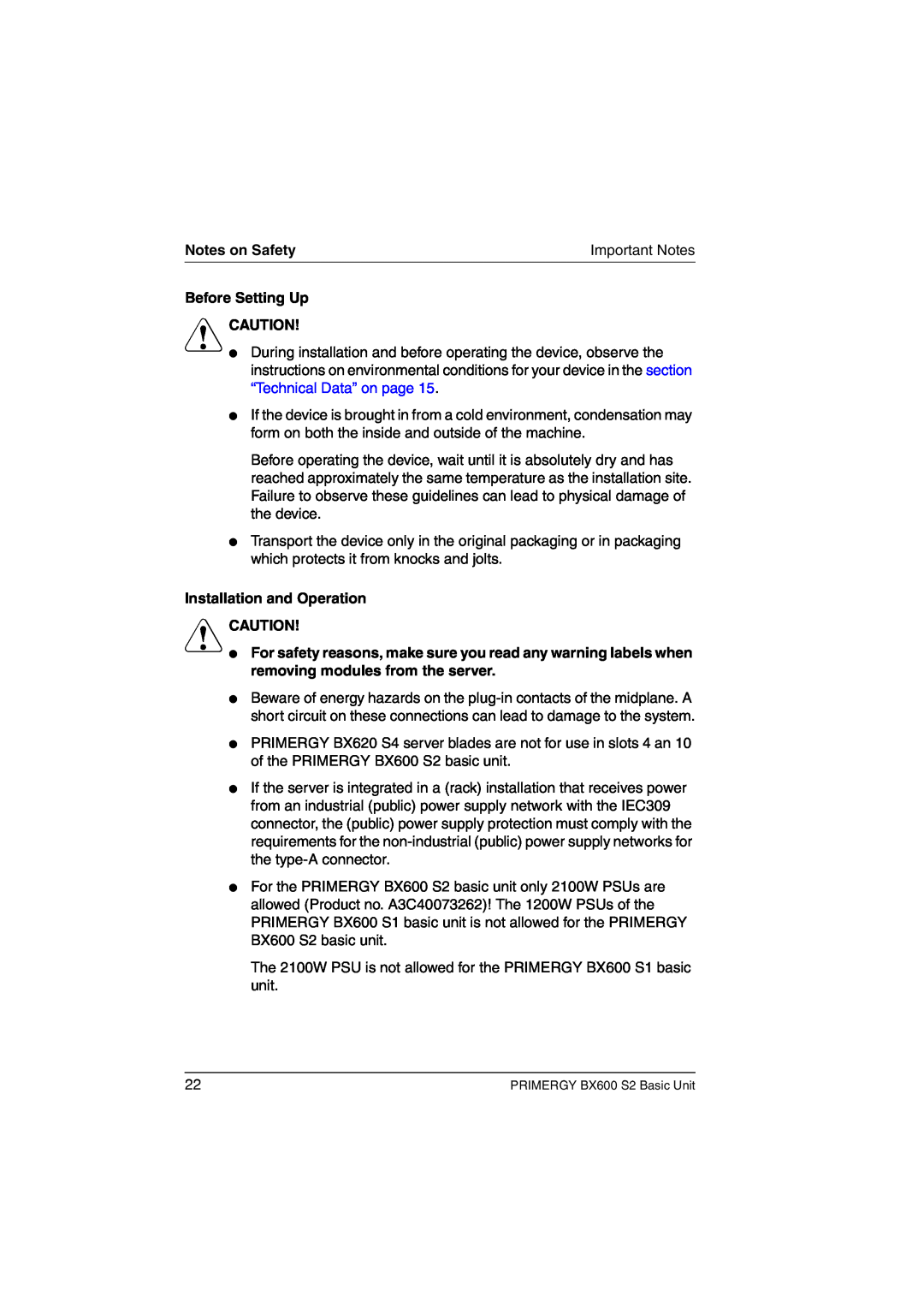 Fujitsu BX600 S2 manual Notes on Safety, Before Setting Up V CAUTION, Installation and Operation V CAUTION 