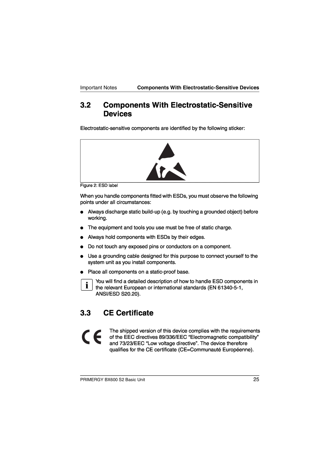 Fujitsu BX600 S2 manual Components With Electrostatic-Sensitive Devices, CE Certificate, Important Notes 