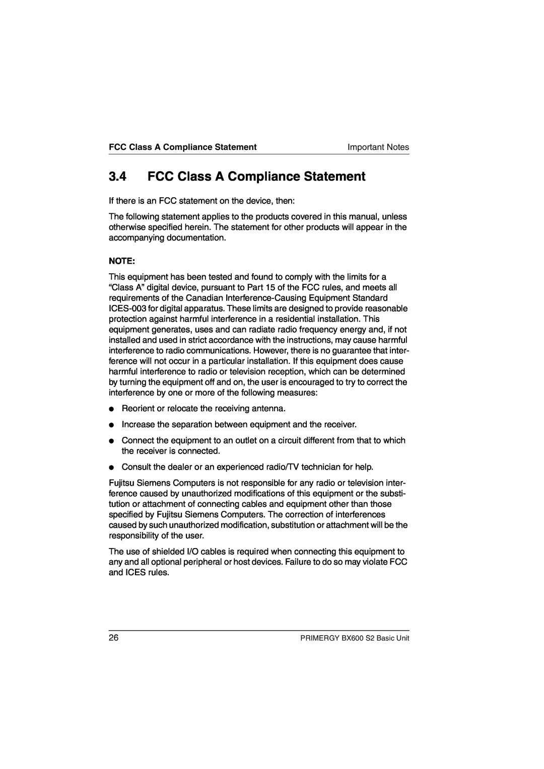 Fujitsu BX600 S2 manual FCC Class A Compliance Statement 