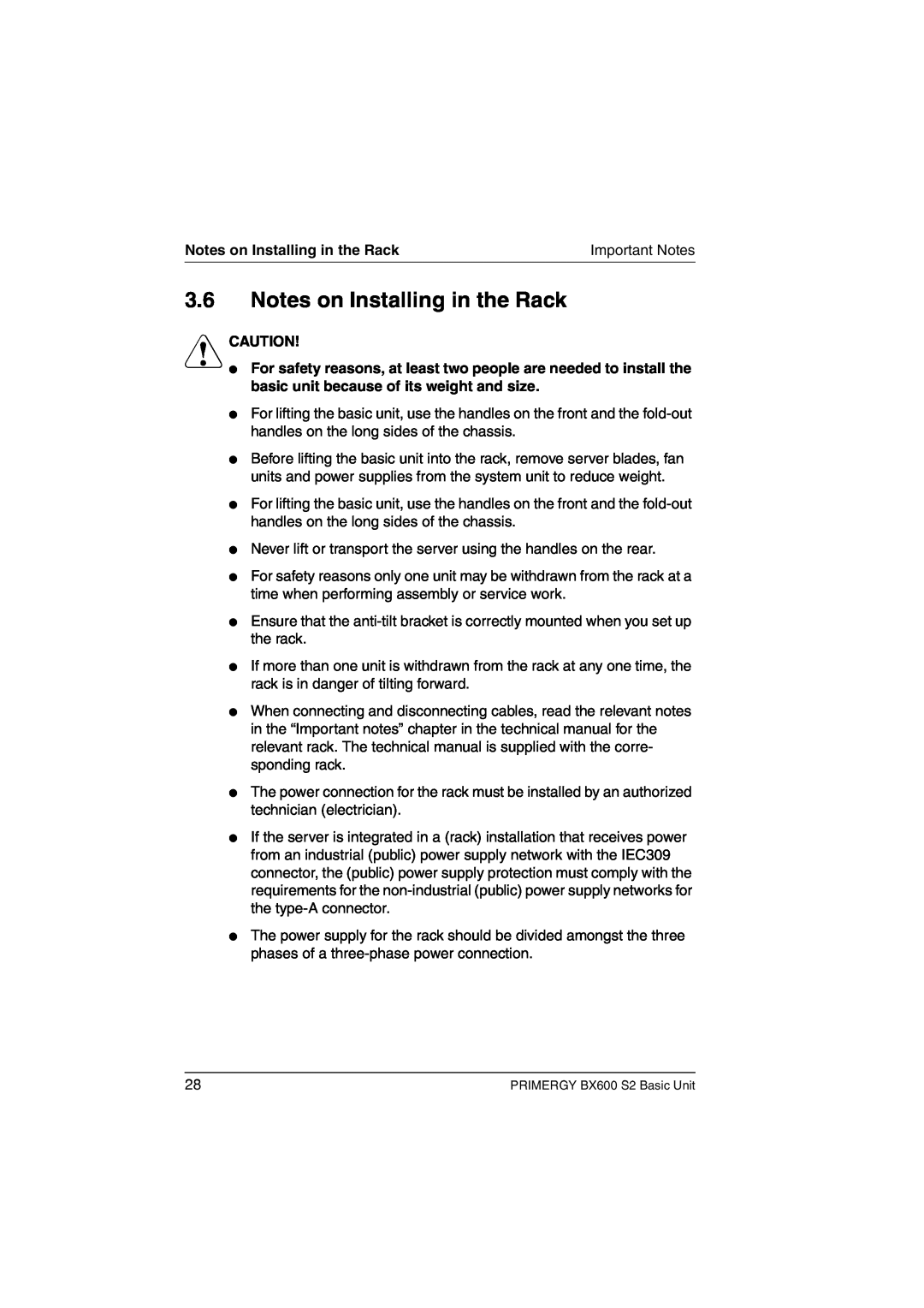 Fujitsu BX600 S2 manual Notes on Installing in the Rack, V Caution 