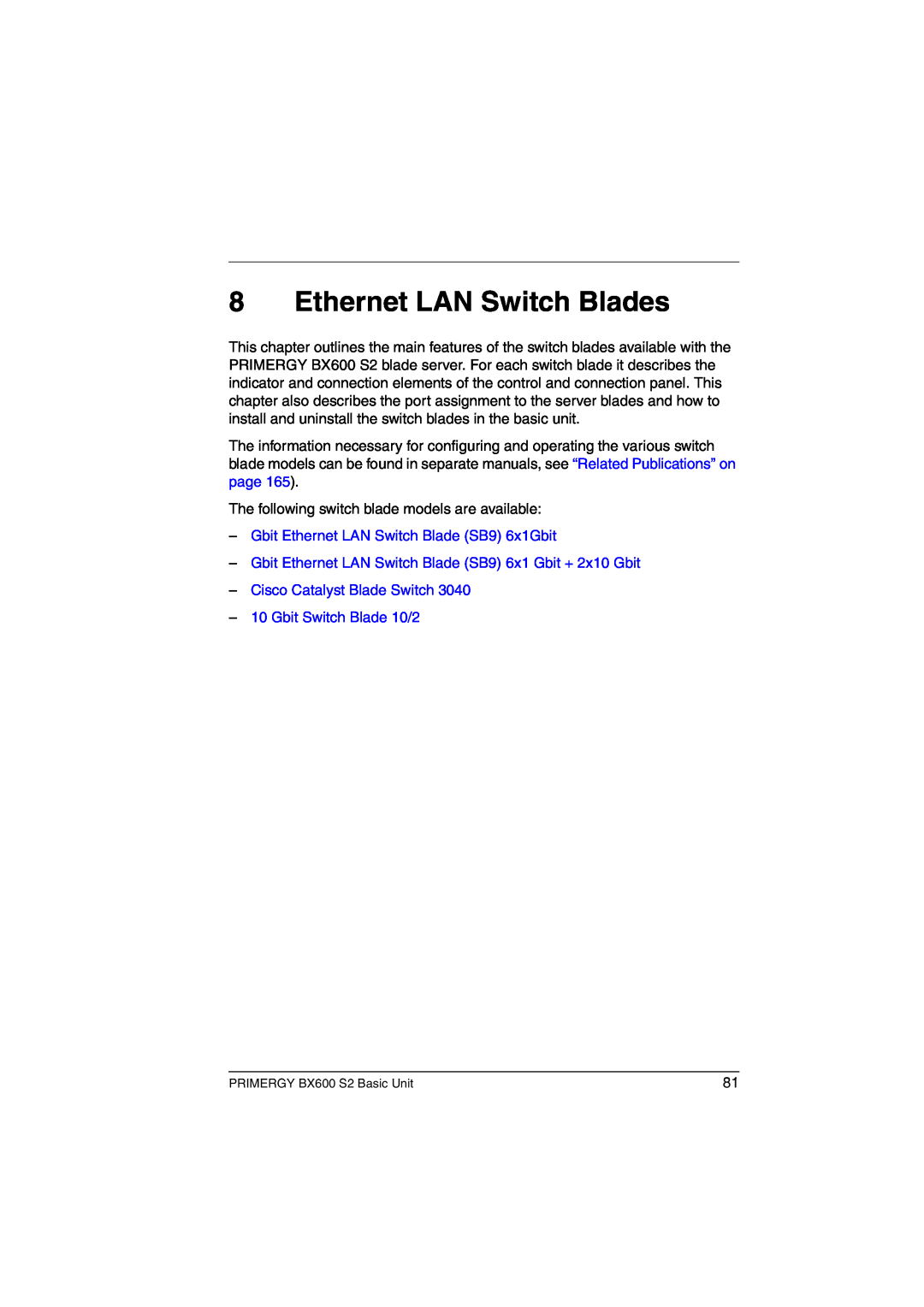 Fujitsu BX600 S2 manual Ethernet LAN Switch Blades 