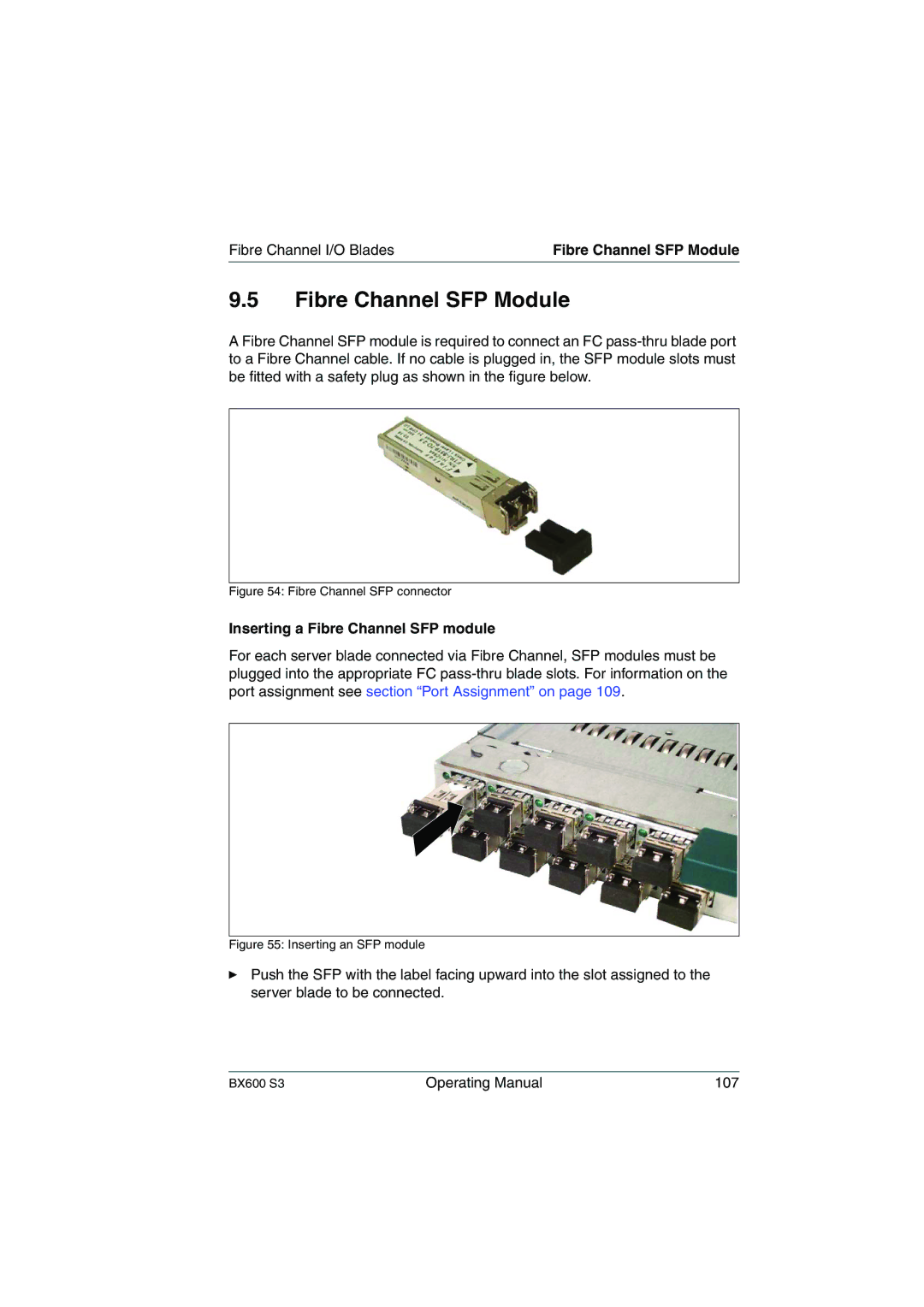 Fujitsu BX600 S3 manual Fibre Channel SFP Module, Inserting a Fibre Channel SFP module 