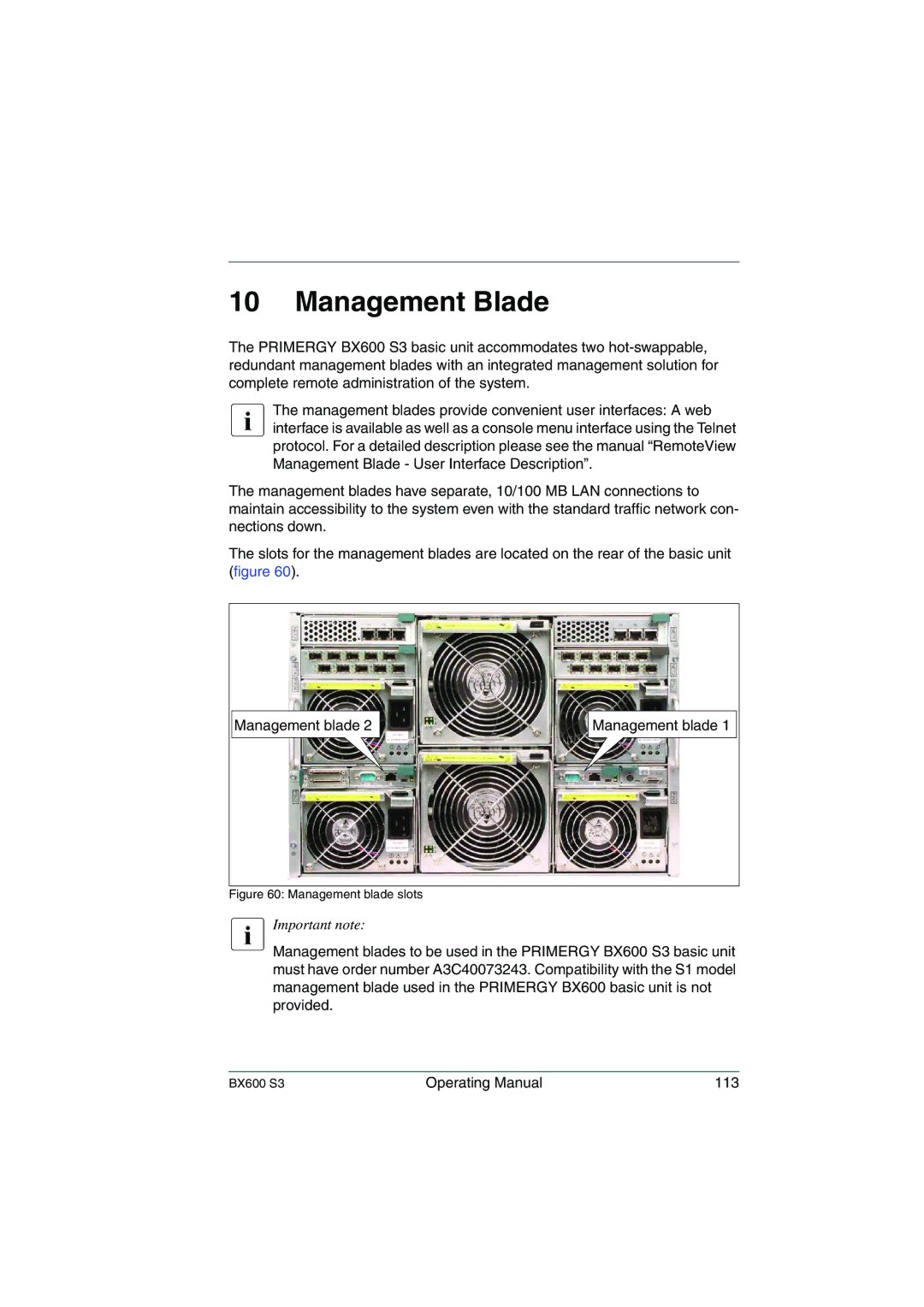 Fujitsu BX600 S3 manual Management Blade, Management blade slots 